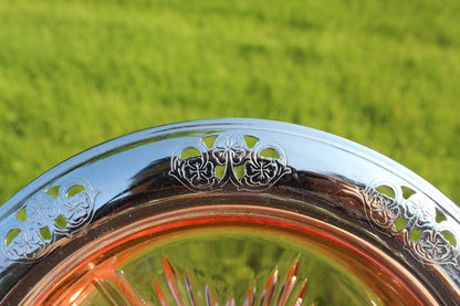 Depression Pink Glass Divided Dish in Silver - Plate Carrier — Floral Carrier, 9"W - Loom Vintage