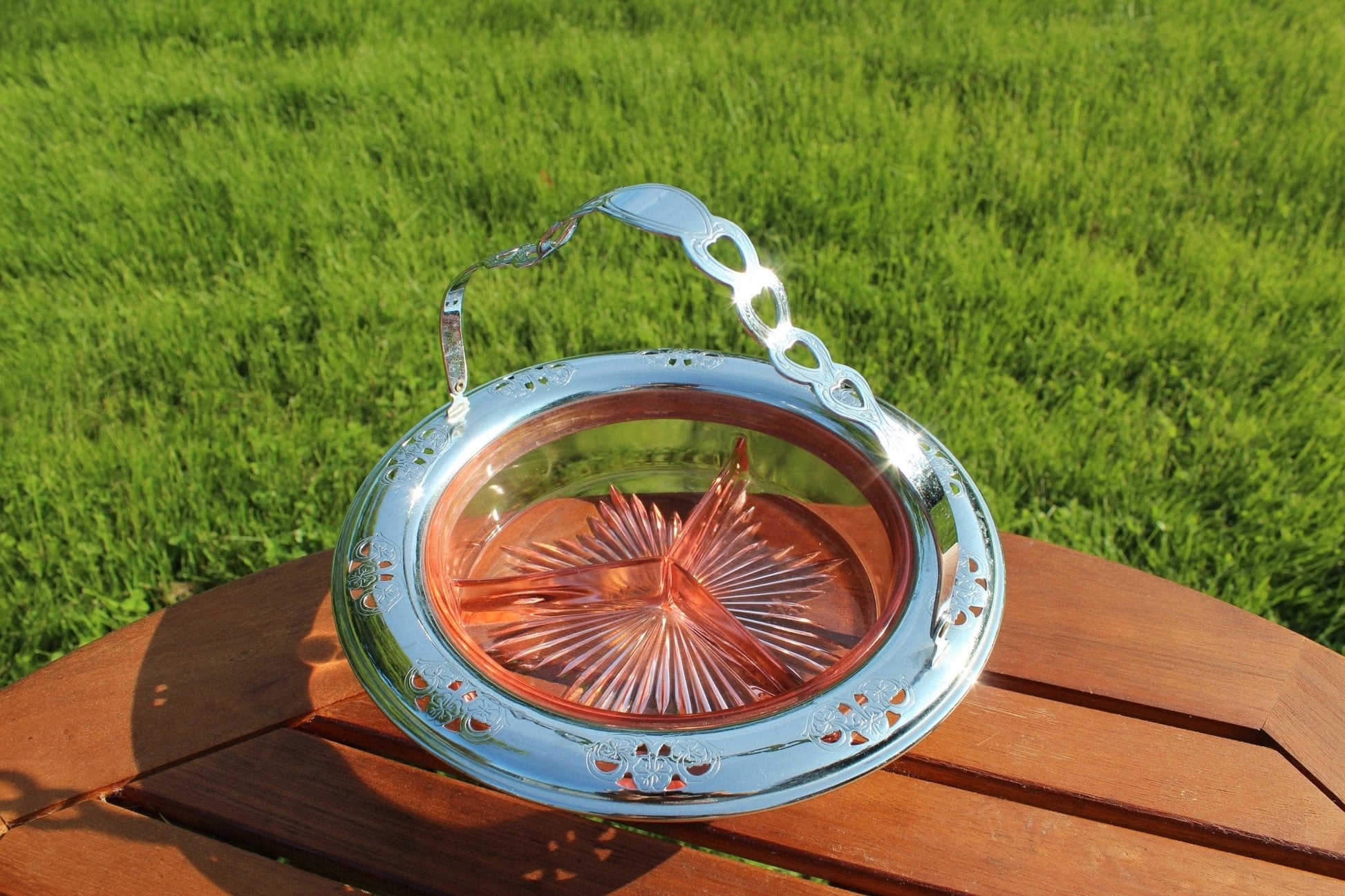 Depression Pink Glass Divided Dish in Silver - Plate Carrier — Floral Carrier, 9"W - Loom Vintage