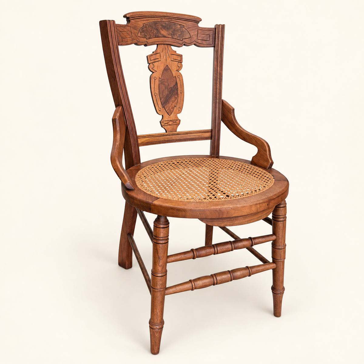 Pair of Eastlake walnut caned side chairs with burl panels