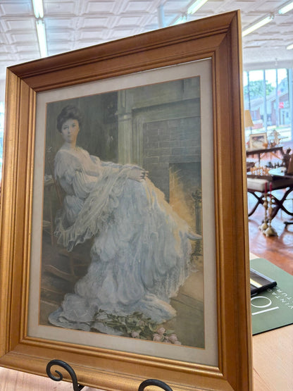 Edwardian Lady by the Hearth – Framed Print in Gilt Wood, 19″ × 15″ - Loom Vintage