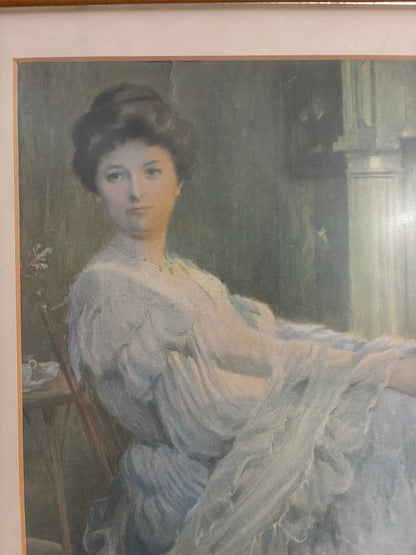 Edwardian Lady by the Hearth – Framed Print in Gilt Wood, 19″ × 15″ - Loom Vintage