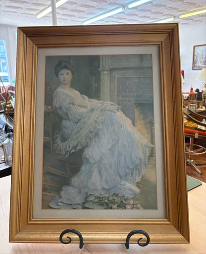 Edwardian Lady by the Hearth – Framed Print in Gilt Wood, 19″ × 15″ - Loom Vintage