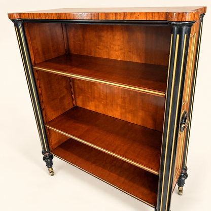 Edwardian open bookcase, angled view showing three shelves with gilt edging