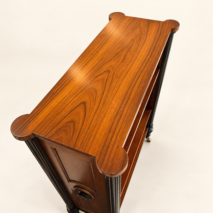 Figured rosewood top of Edwardian bookcase, overhead view