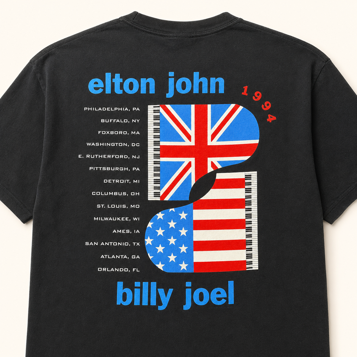Elton John Billy Joel 1994 tour dates back print with flag piano graphic on black tee