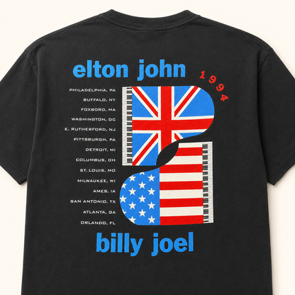 Elton John Billy Joel 1994 tour dates back print with flag piano graphic on black tee