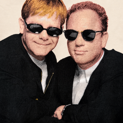 Close-up of Elton John and Billy Joel flag-sunglasses tour graphic, clean uncracked print