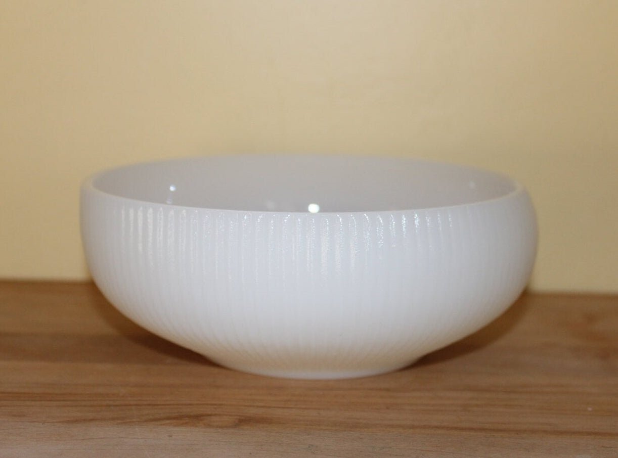 E.O. Brody Co. Milk Glass Bowl — Vertical Ribbed Line Pattern, 6"W, Cleveland Ohio - Loom Vintage