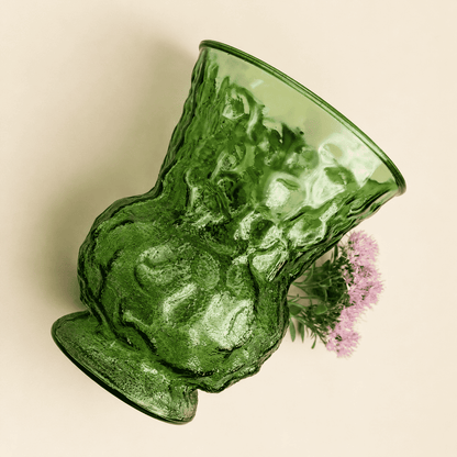 Tipped view of E.O. Brody green crinkle glass vase showing crinkle texture
