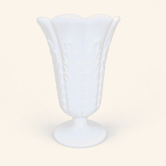 E.O. Brody milk glass footed vase with scalloped rim and embossed plume pattern