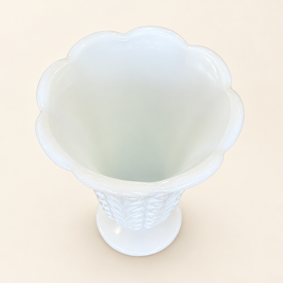 White milk glass pedestal vase by E.O. Brody, side profile