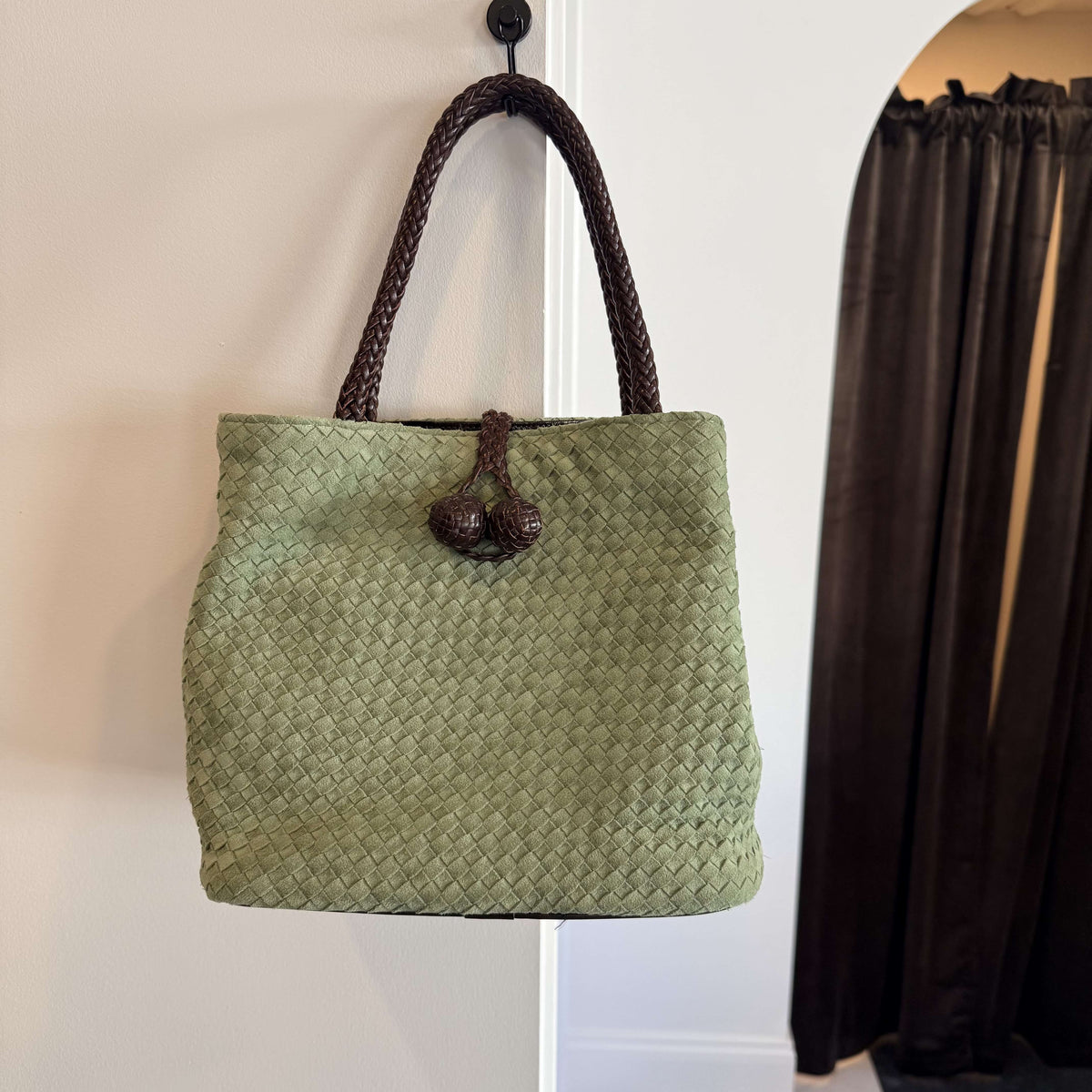 Eric Javits sage green woven suede tote with braided leather handles, photo 1 of 7