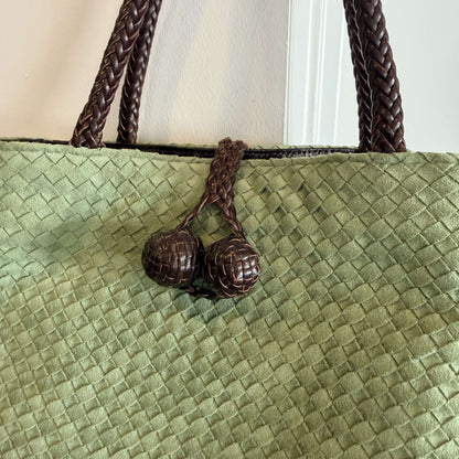 Eric Javits sage green woven suede tote with braided leather handles, photo 2 of 7