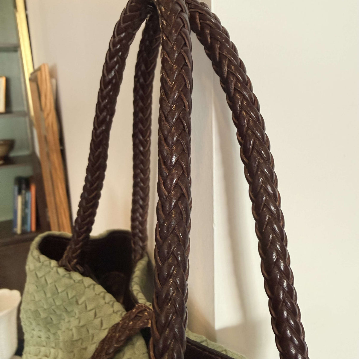 Eric Javits sage green woven suede tote with braided leather handles, photo 3 of 7