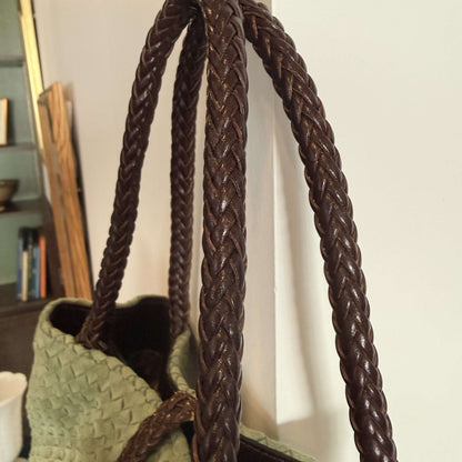 Eric Javits sage green woven suede tote with braided leather handles, photo 3 of 7