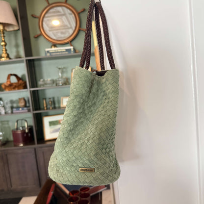 Eric Javits sage green woven suede tote with braided leather handles, photo 4 of 7