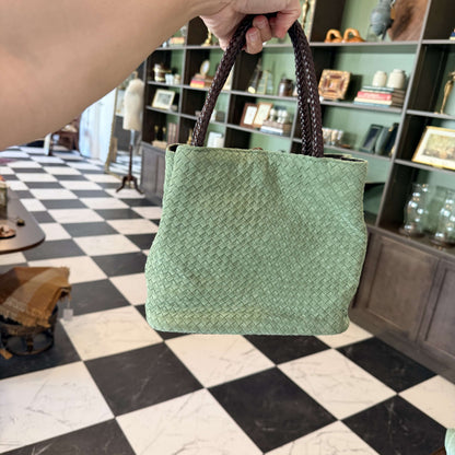 Eric Javits sage green woven suede tote with braided leather handles, photo 6 of 7