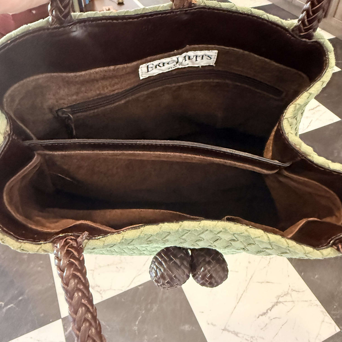Eric Javits sage green woven suede tote with braided leather handles, photo 7 of 7