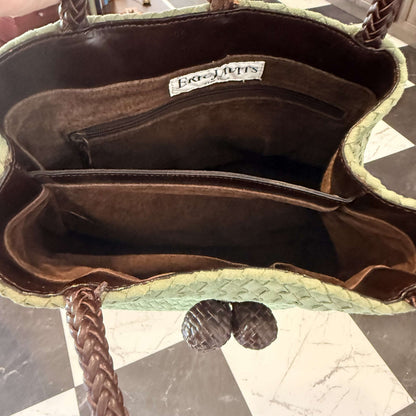 Eric Javits sage green woven suede tote with braided leather handles, photo 7 of 7