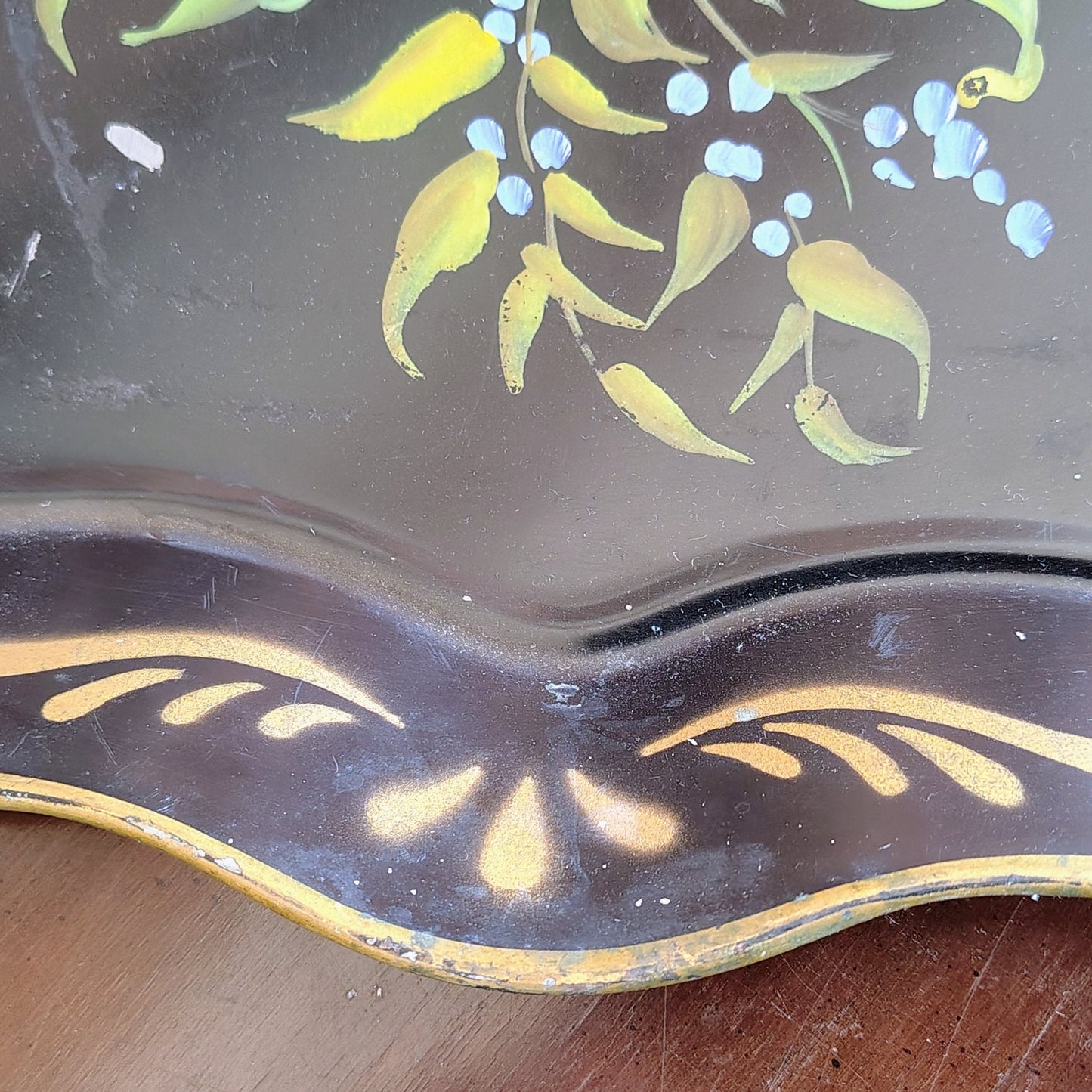 E.T. Nash Co. Hand - Painted Black Toleware Tray — Floral Bouquet, Gold Wavy Rim, 17"L x 13.5"W - Loom Vintage
