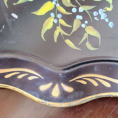 E.T. Nash Co. Hand - Painted Black Toleware Tray — Floral Bouquet, Gold Wavy Rim, 17"L x 13.5"W - Loom Vintage