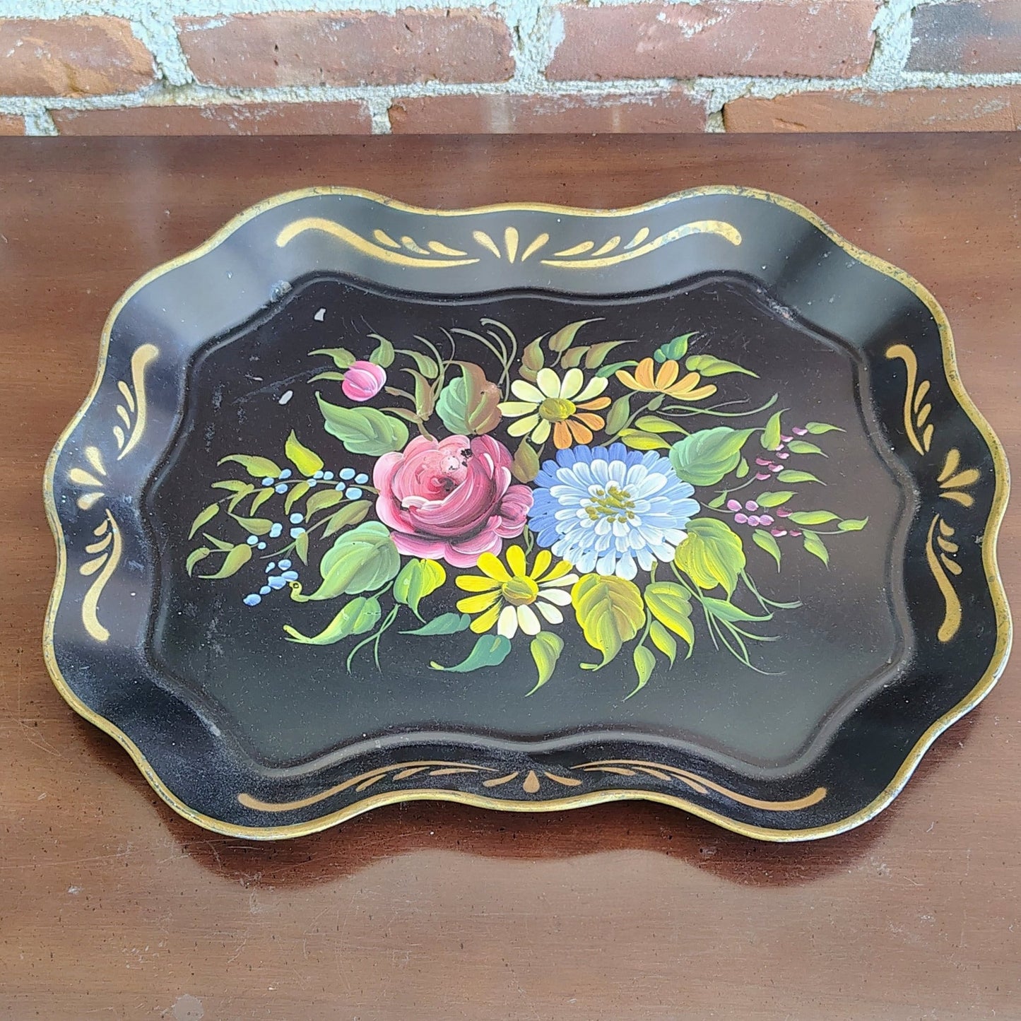 E.T. Nash Co. Hand - Painted Black Toleware Tray — Floral Bouquet, Gold Wavy Rim, 17"L x 13.5"W - Loom Vintage