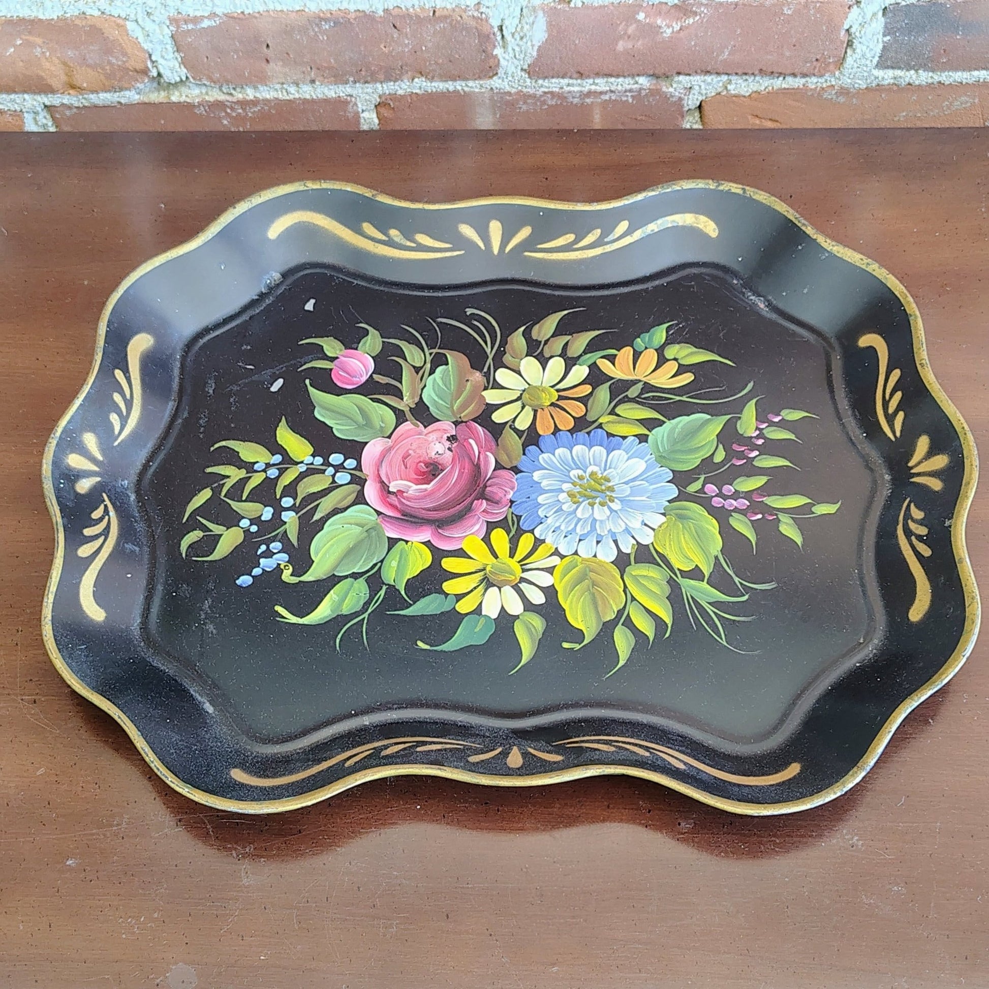 E.T. Nash Co. Hand - Painted Black Toleware Tray — Floral Bouquet, Gold Wavy Rim, 17"L x 13.5"W - Loom Vintage