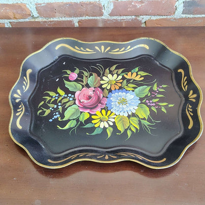 E.T. Nash Co. Hand - Painted Black Toleware Tray — Floral Bouquet, Gold Wavy Rim, 17"L x 13.5"W - Loom Vintage