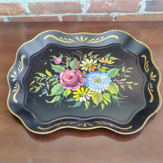 E.T. Nash Co. Hand - Painted Black Toleware Tray — Floral Bouquet, Gold Wavy Rim, 17"L x 13.5"W - Loom Vintage