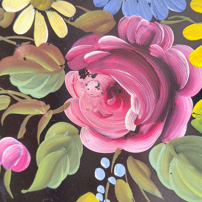 E.T. Nash Co. Hand - Painted Black Toleware Tray — Floral Bouquet, Gold Wavy Rim, 17"L x 13.5"W - Loom Vintage