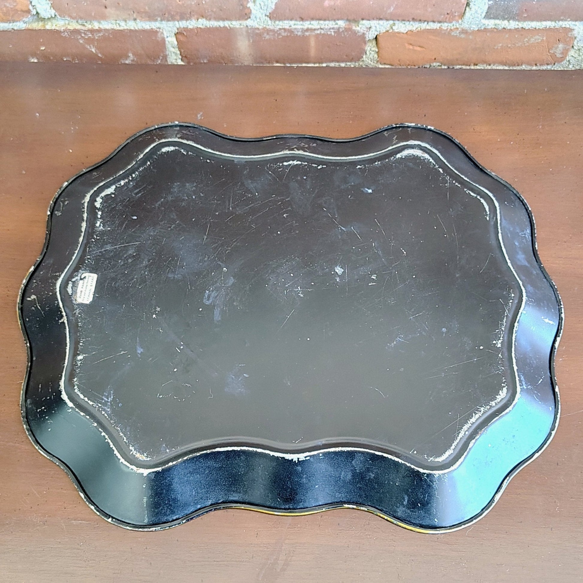 E.T. Nash Co. Hand - Painted Black Toleware Tray — Floral Bouquet, Gold Wavy Rim, 17"L x 13.5"W - Loom Vintage