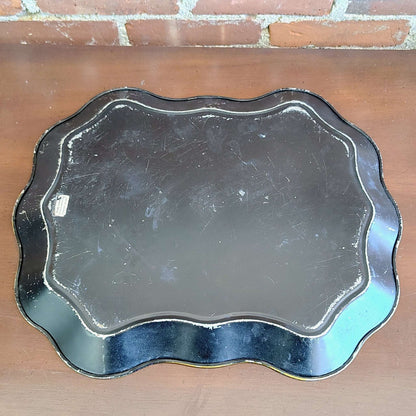 E.T. Nash Co. Hand - Painted Black Toleware Tray — Floral Bouquet, Gold Wavy Rim, 17"L x 13.5"W - Loom Vintage