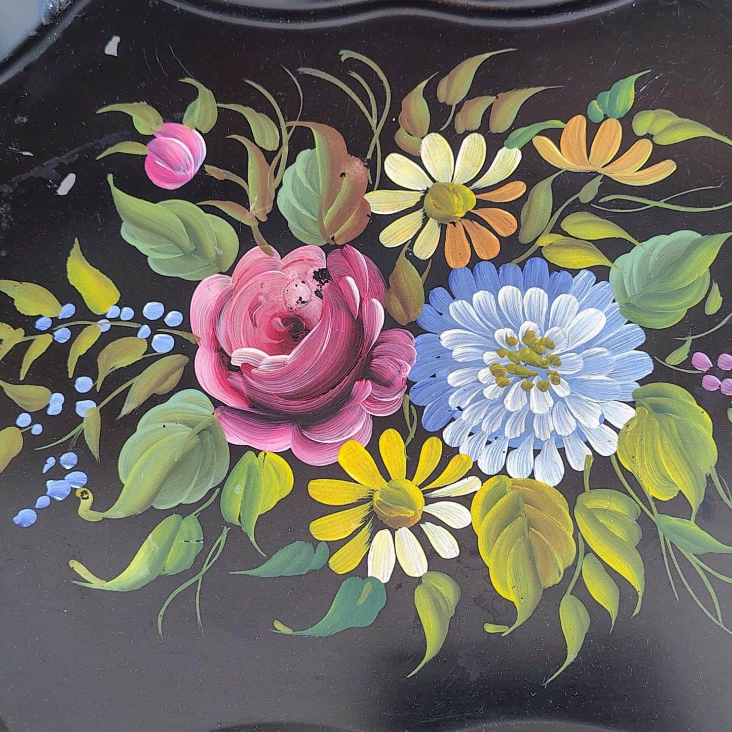 E.T. Nash Co. Hand - Painted Black Toleware Tray — Floral Bouquet, Gold Wavy Rim, 17"L x 13.5"W - Loom Vintage