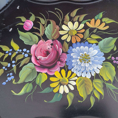 E.T. Nash Co. Hand - Painted Black Toleware Tray — Floral Bouquet, Gold Wavy Rim, 17"L x 13.5"W - Loom Vintage