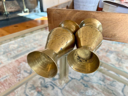 Etched Brass Bud Vases, Pair — Abstract Design, 5.5", Warm Patina - Loom Vintage