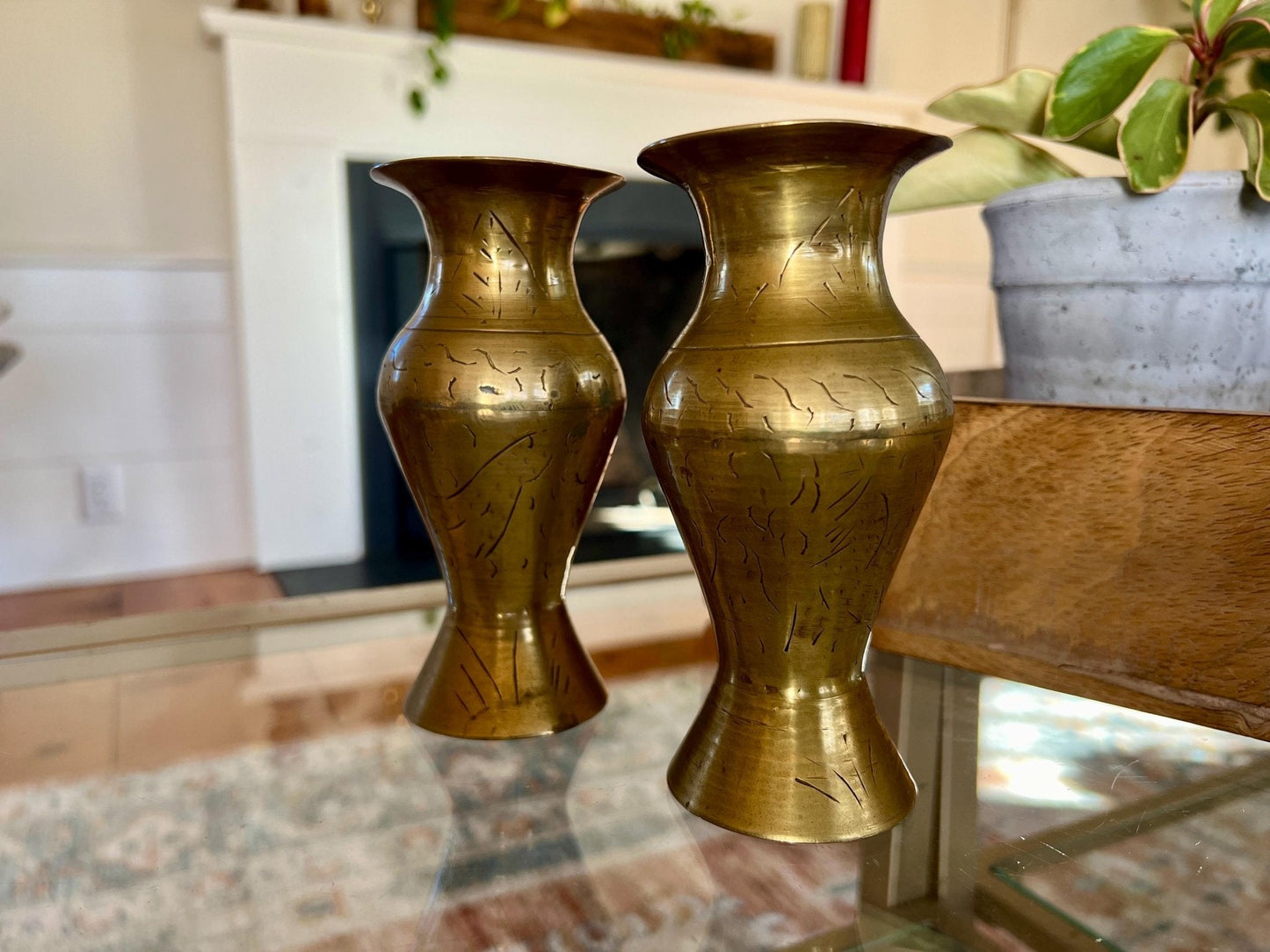 Etched Brass Bud Vases, Pair — Abstract Design, 5.5", Warm Patina - Loom Vintage