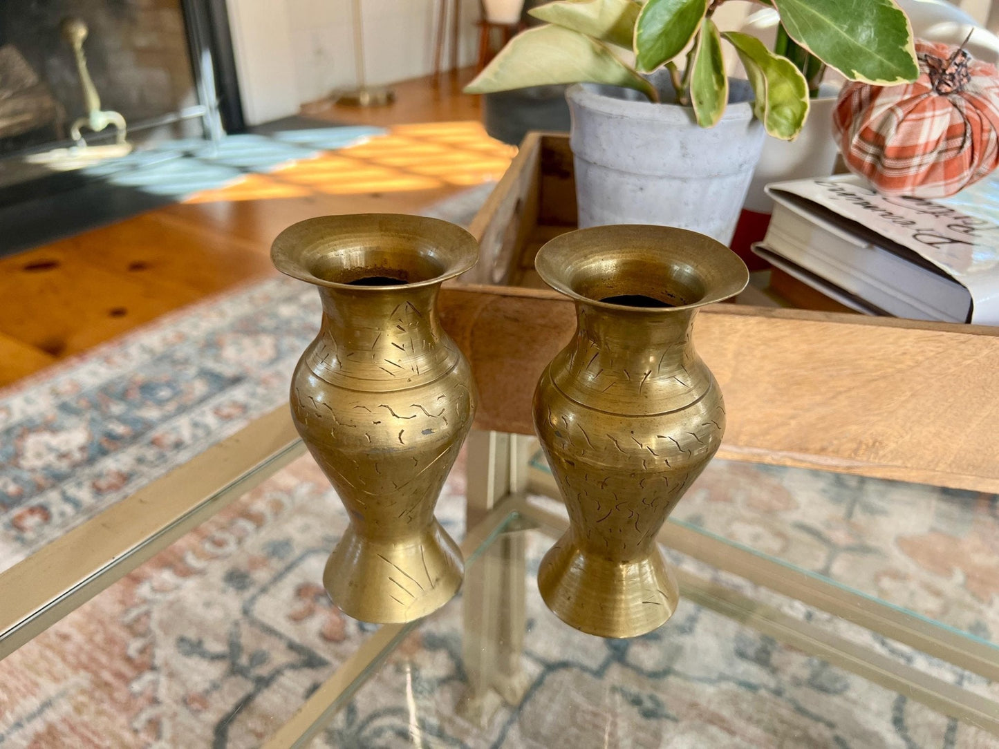 Etched Brass Bud Vases, Pair — Abstract Design, 5.5", Warm Patina - Loom Vintage