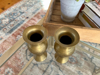 Etched Brass Bud Vases, Pair — Abstract Design, 5.5", Warm Patina - Loom Vintage