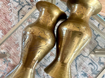 Etched Brass Bud Vases, Pair — Abstract Design, 5.5", Warm Patina - Loom Vintage