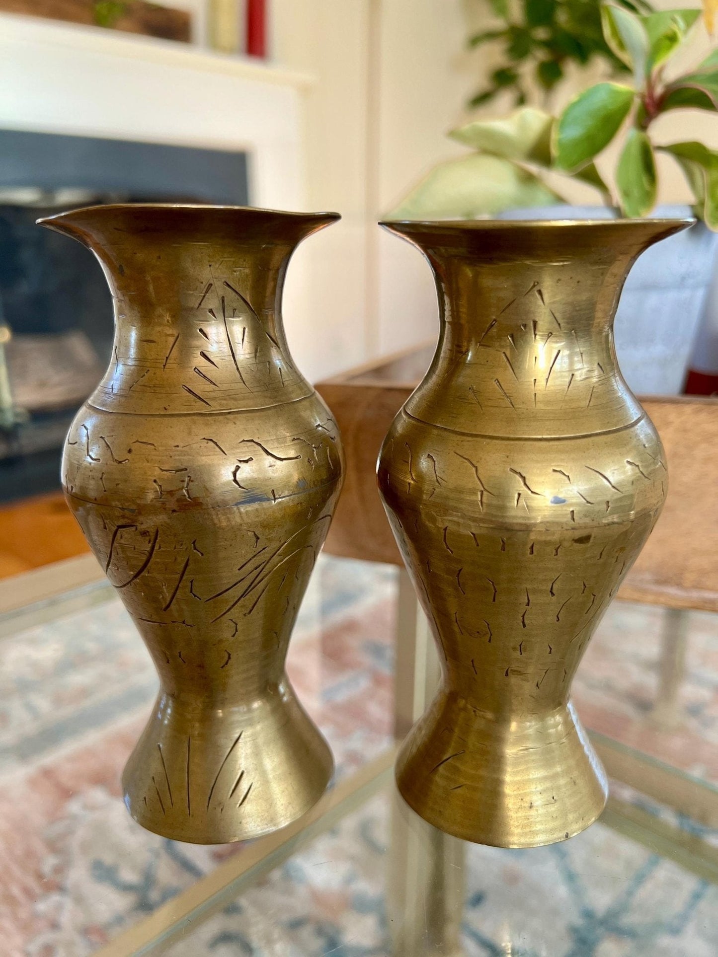 Etched Brass Bud Vases, Pair — Abstract Design, 5.5", Warm Patina - Loom Vintage