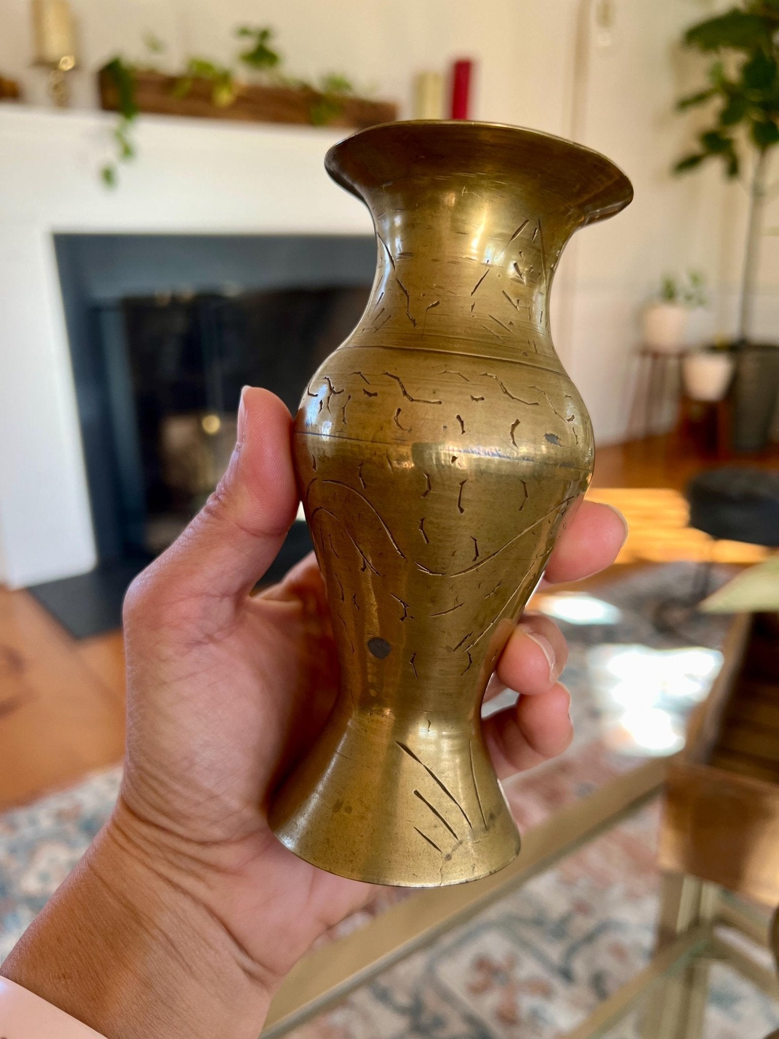 Etched Brass Bud Vases, Pair — Abstract Design, 5.5", Warm Patina - Loom Vintage