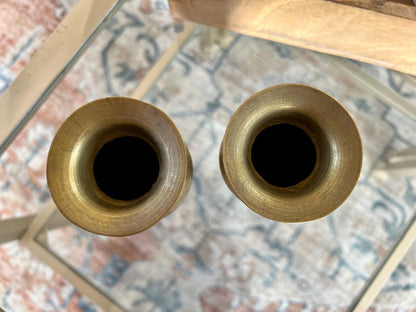 Etched Brass Bud Vases, Pair — Abstract Design, 5.5", Warm Patina - Loom Vintage