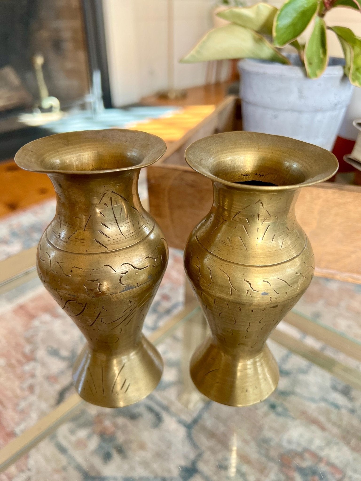 Etched Brass Bud Vases, Pair — Abstract Design, 5.5", Warm Patina - Loom Vintage