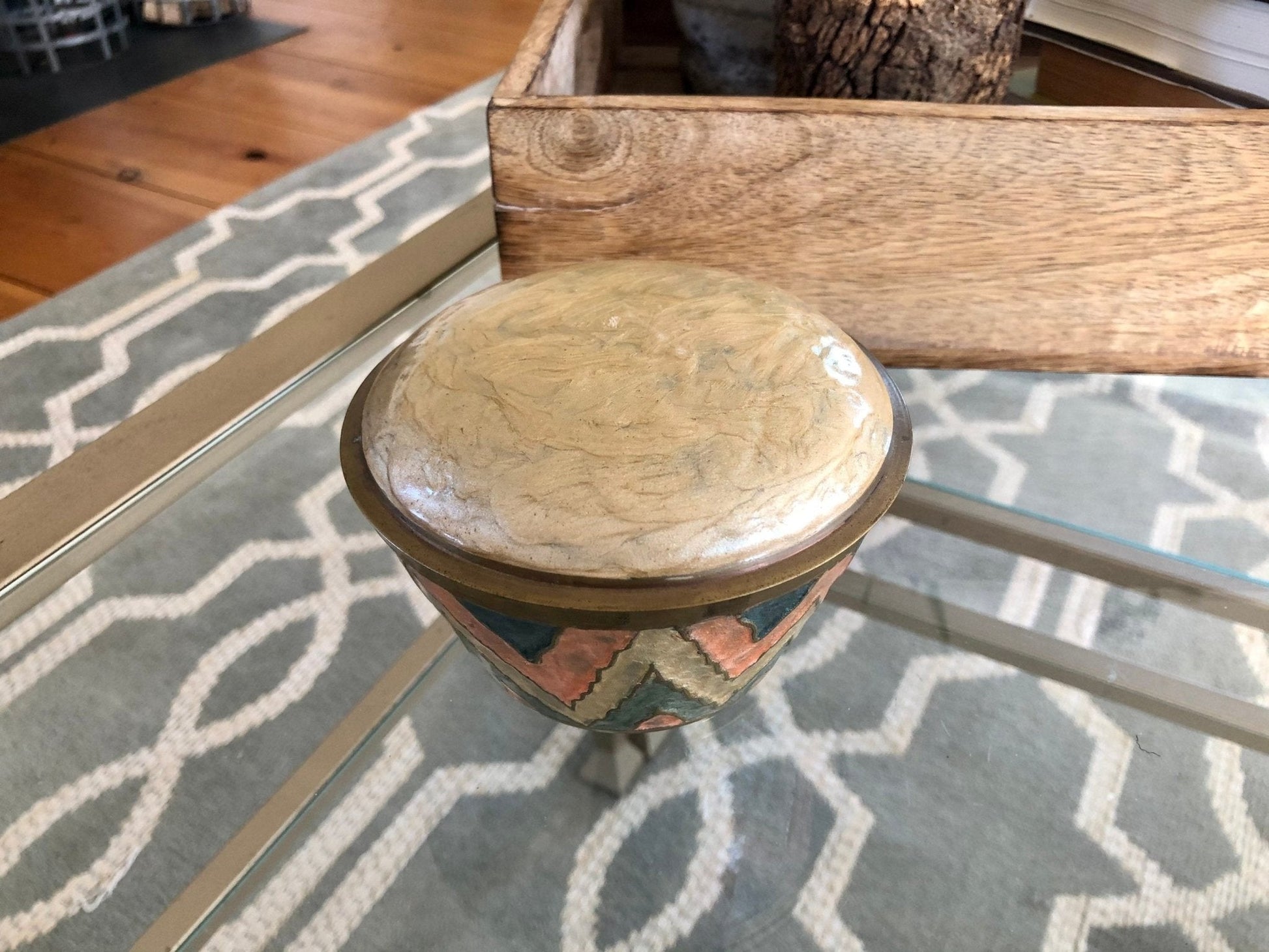 Etched Brass Trinket Dish with Lid — Beige, Pink & Blue Zigzag Enamel, 4.5"W, Found in France - Loom Vintage