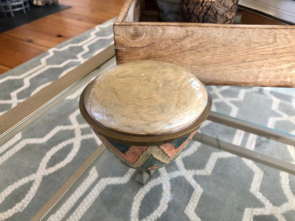 Etched Brass Trinket Dish with Lid — Beige, Pink & Blue Zigzag Enamel, 4.5"W, Found in France - Loom Vintage