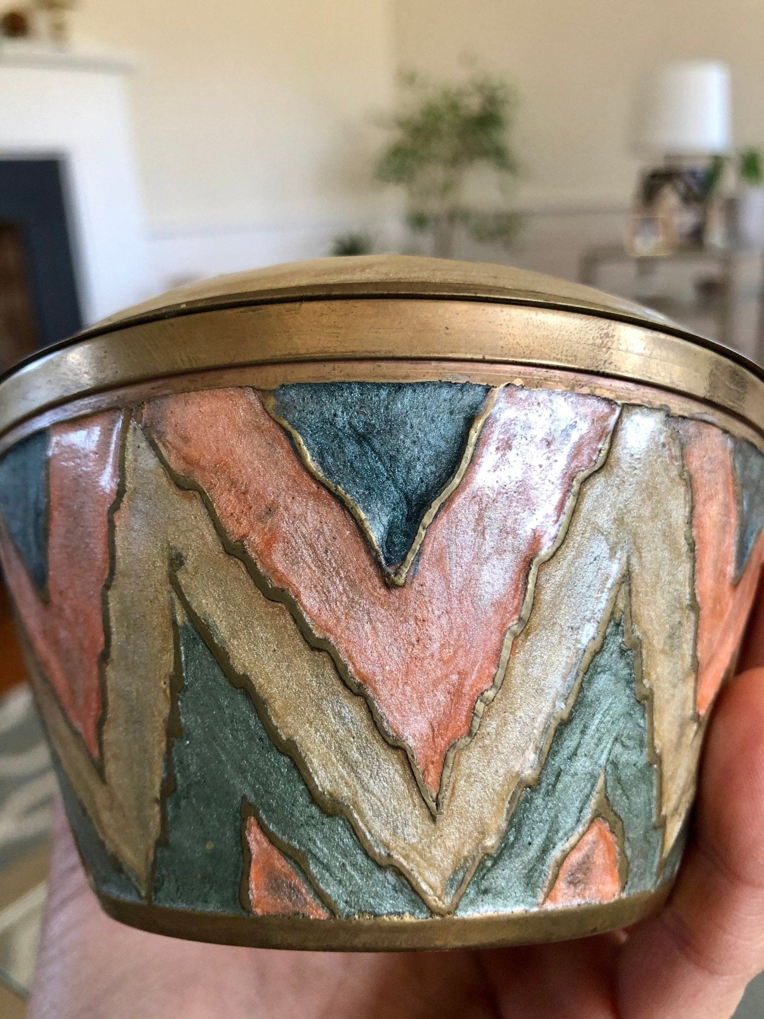 Etched Brass Trinket Dish with Lid — Beige, Pink & Blue Zigzag Enamel, 4.5"W, Found in France - Loom Vintage