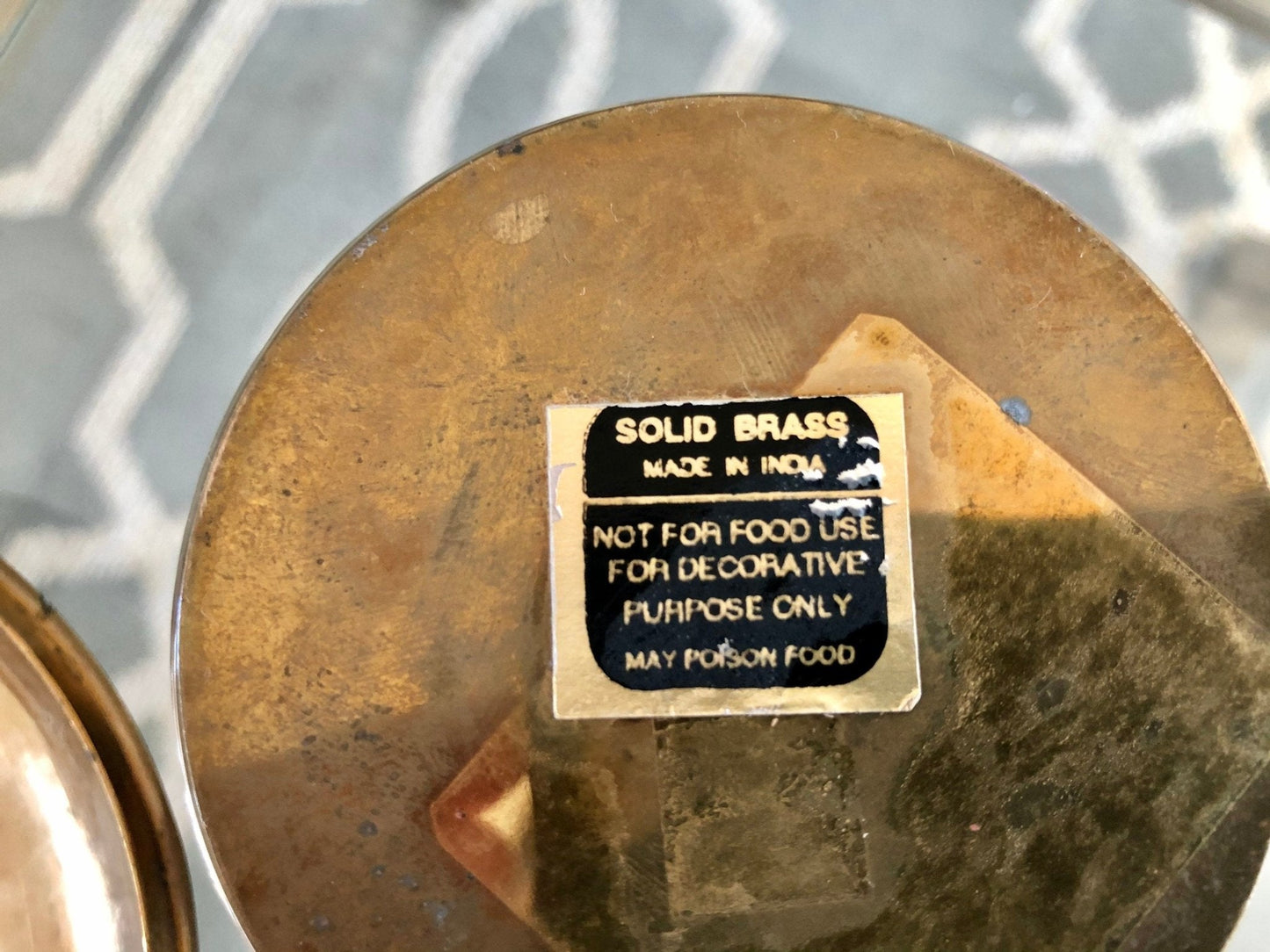 Etched Brass Trinket Dish with Lid — Beige, Pink & Blue Zigzag Enamel, 4.5"W, Found in France - Loom Vintage