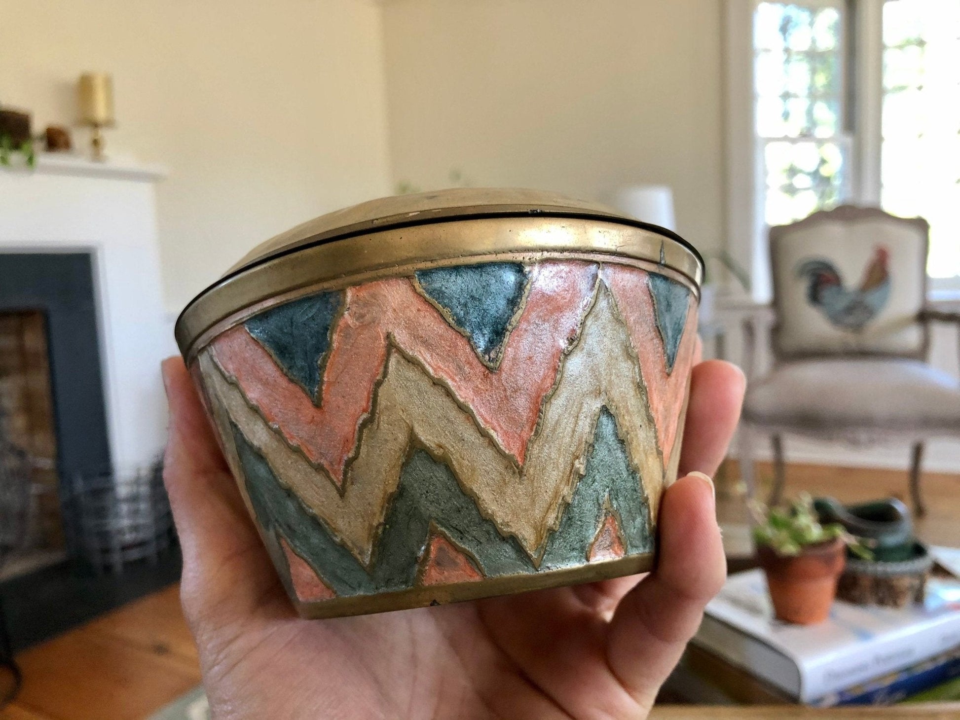 Etched Brass Trinket Dish with Lid — Beige, Pink & Blue Zigzag Enamel, 4.5"W, Found in France - Loom Vintage