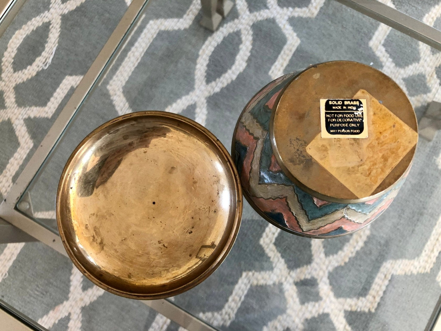 Etched Brass Trinket Dish with Lid — Beige, Pink & Blue Zigzag Enamel, 4.5"W, Found in France - Loom Vintage