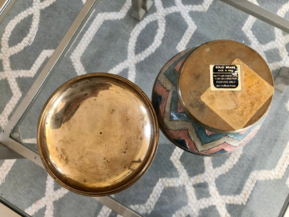 Etched Brass Trinket Dish with Lid — Beige, Pink & Blue Zigzag Enamel, 4.5"W, Found in France - Loom Vintage